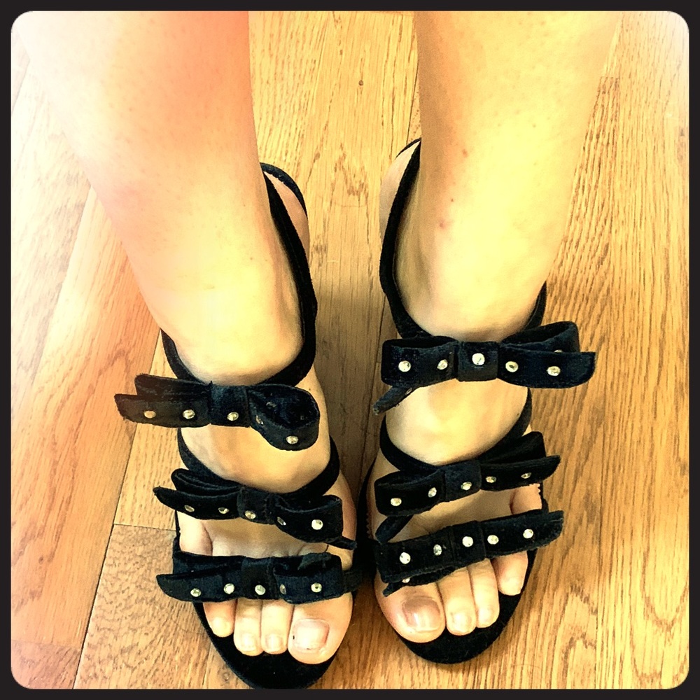 JCrew velvet black block heel with rhinestone, 7.5